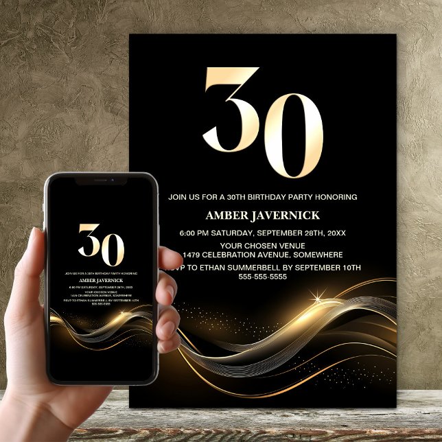 Invitation Soirée élégante Black and Gold 30e anniversaire (Créateur téléchargé)
