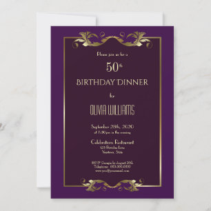 Invitation Soirée élégante Bourgogne violet Or 50e Anniversai