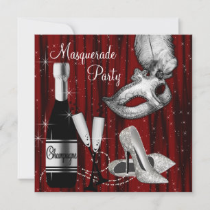Invitation Soirée élégante de bal masqué en rouge, noir et bl