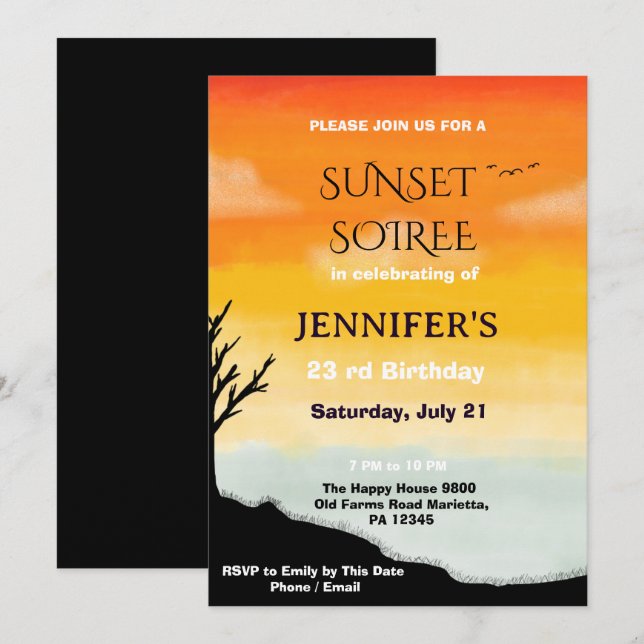 Invitation Soirée Élégante de Coucher de Soleil Anniversaire  (Devant / Derrière)