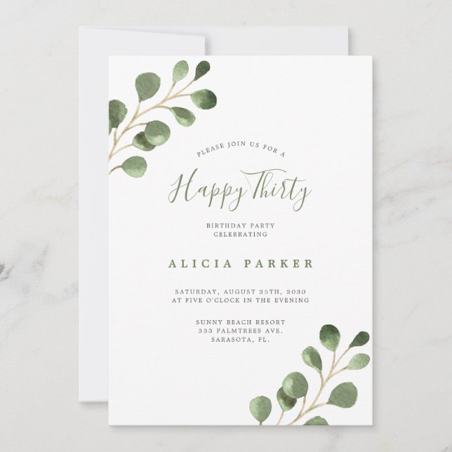 Invitation Soirée Elégante eucalyptus feuilles 30e anniversai (Devant)
