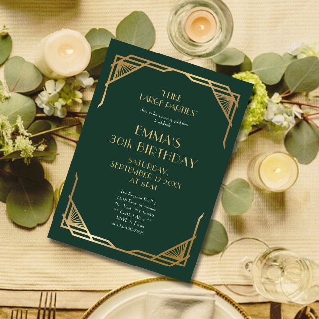 Invitation Soirée élégante Green and Gold Gatsby 30e annivers (Créateur téléchargé)