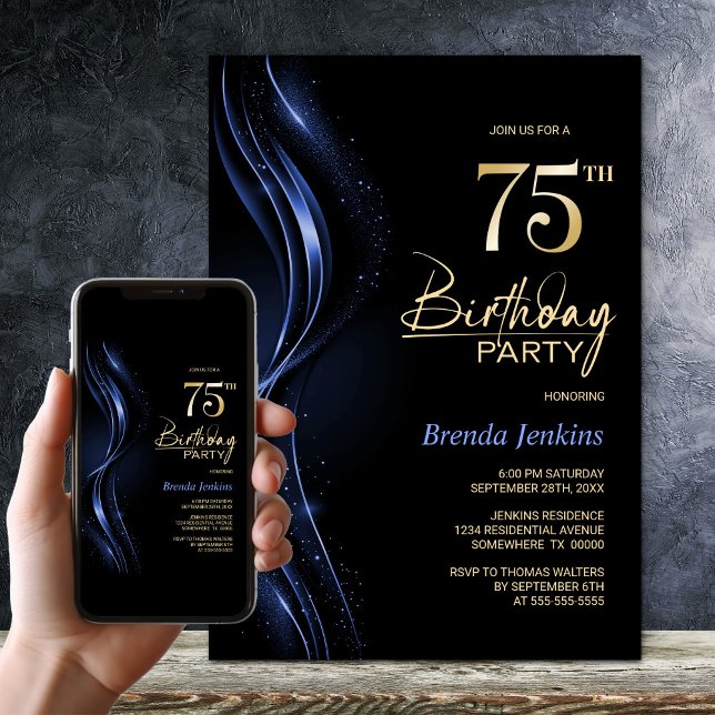 Invitation Soirée élégante Noir et Bleu 75e anniversaire (Créateur téléchargé)