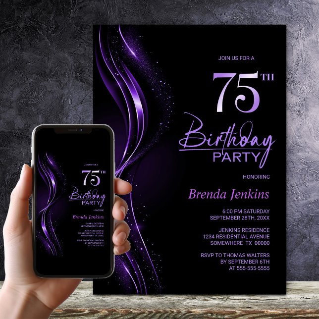 Invitation Soirée élégante Noir et Violet 75e anniversaire (Créateur téléchargé)