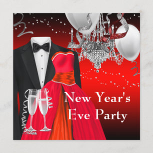 Invitation Soirée en smoking noir et robe rouge