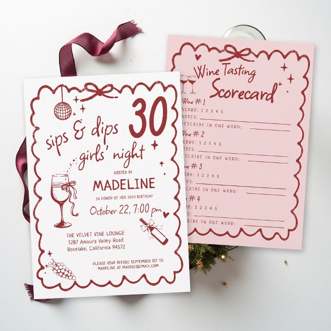 Invitation Soirée Filles au Vignoble Dégustation de Vins 30e  (winery girls night out birthday invitation wine tasting scorecard red burgundy pink napa sonoma )