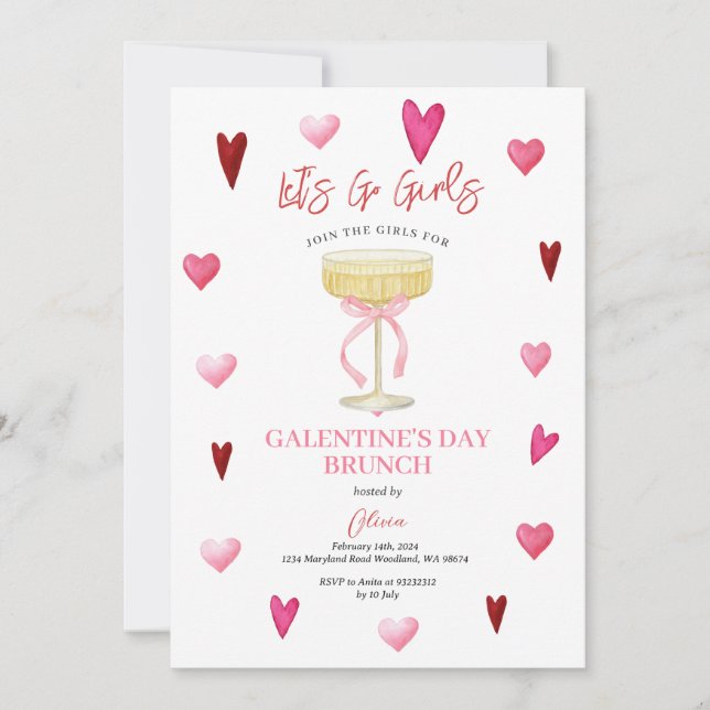 Invitation Soirée Filles aux Cœurs Roses et Verres à Champagn (Devant)