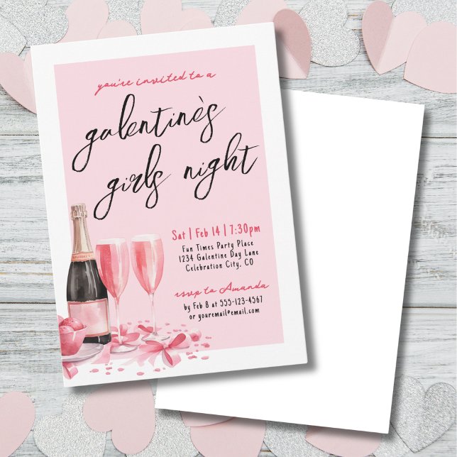 Invitation Soirée Filles Champagne Rose Galentine's Day (Girls Night Pink Champagne Galentine's Day Invitation)