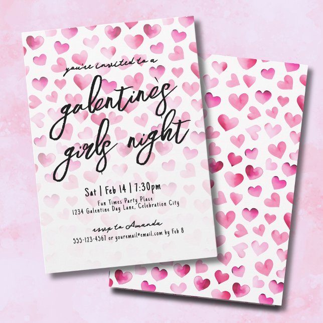 Invitation Soirée Filles Cœurs Aquarelle Galentine's Day (Girls Night Watercolor Hearts Galentine's Day Invitation)