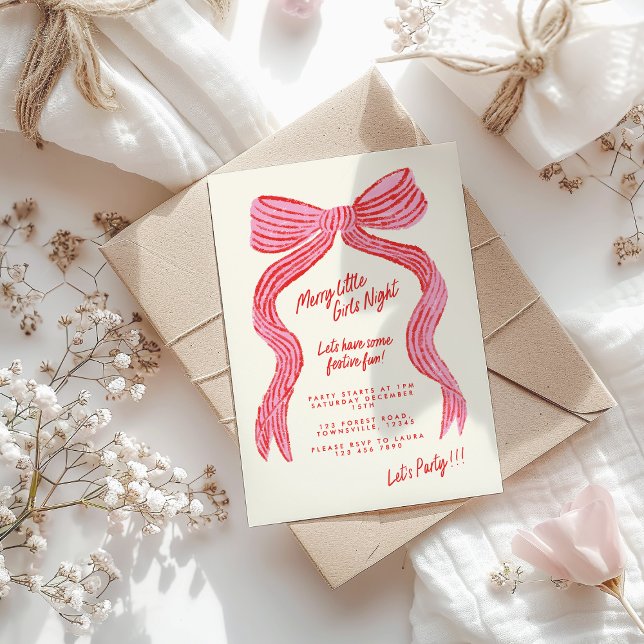 Invitation Soirée Filles Joyeuse | Ruban Rouge et  (Créateur téléchargé)