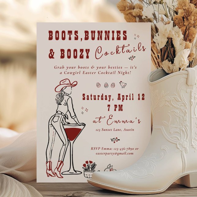 Invitation Soirée Filles Western Bottes, Lapins & Cocktails A (Boots Bunnies & Boozy Cocktail Western Girls Night)