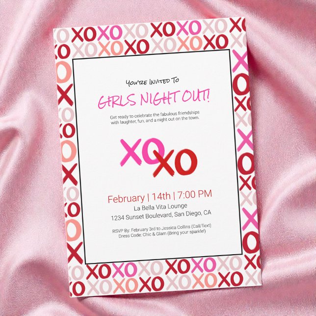 Invitation Soirée Filles XOXO Rose Fête Mignonne de la Saint- (XOXO Girls Night Out Pink Cute Galentine Day Party Invitation)