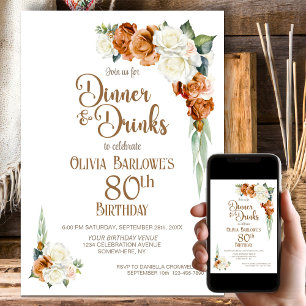 Invitation Soirée Florale Orange Brûlée 80e anniversaire