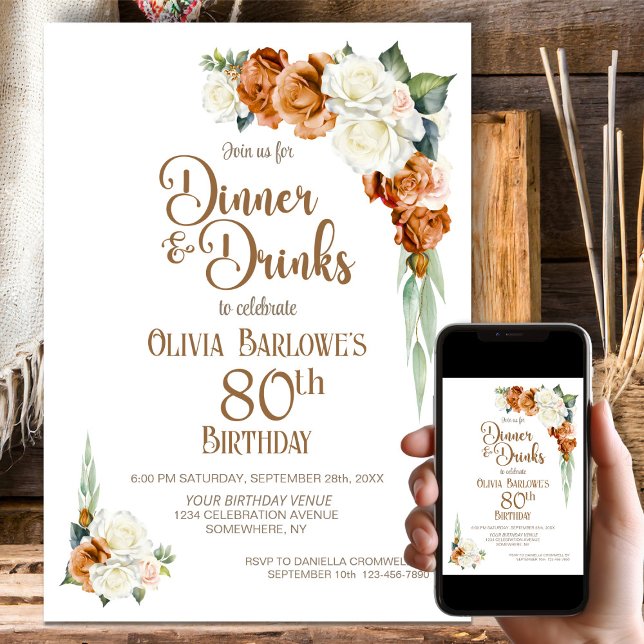 Invitation Soirée Florale Orange Brûlée 80e anniversaire (Créateur téléchargé)