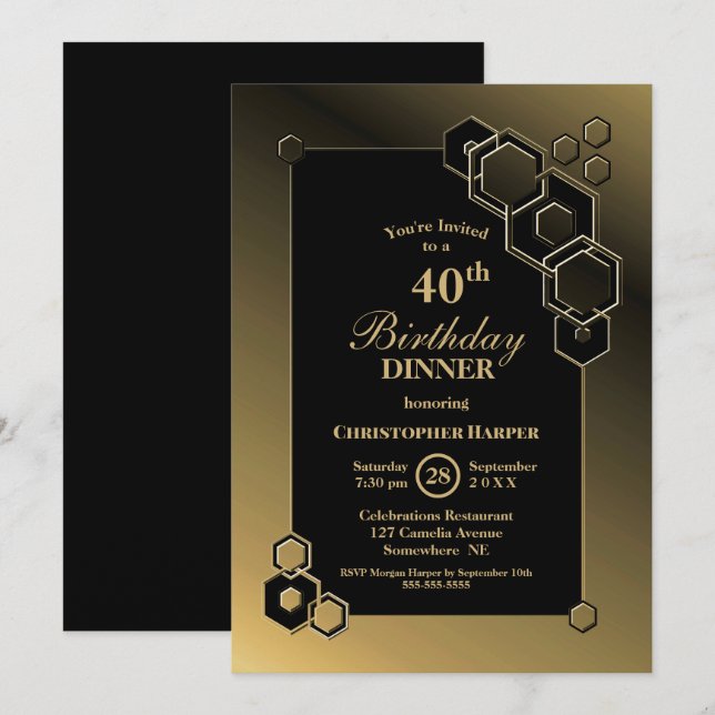 Invitation Soirée Géométrique Black Gold 40e anniversaire (Devant / Derrière)
