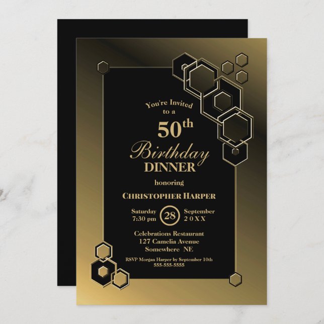 Invitation Soirée Géométrique Black Gold 50e anniversaire (Devant / Derrière)
