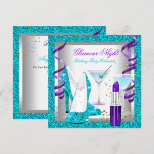 Invitation Soirée Glitter Violet Turquoise Glamour Martini Fê