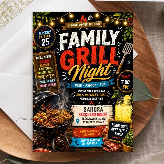 Invitation Soirée Grillade de Famille sur Ardoise Rustique -  (Rustic Chalkboard Family Grill Night - BBQ Invitation)