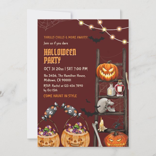 Invitation Soirée Halloween Citrouille Crâne Potion Nuit Sque (Devant)