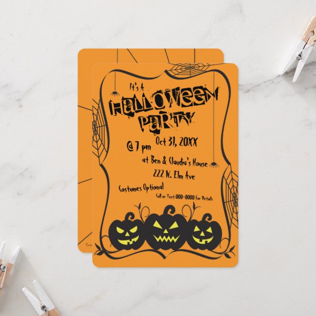 Invitation Soirée Halloween Citrouilles & Araignées (Devant/Arrière en situation)