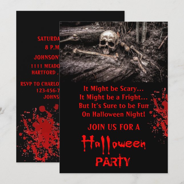 Invitation Soirée Halloween Crâne et Os Effrayants  (Devant / Derrière)