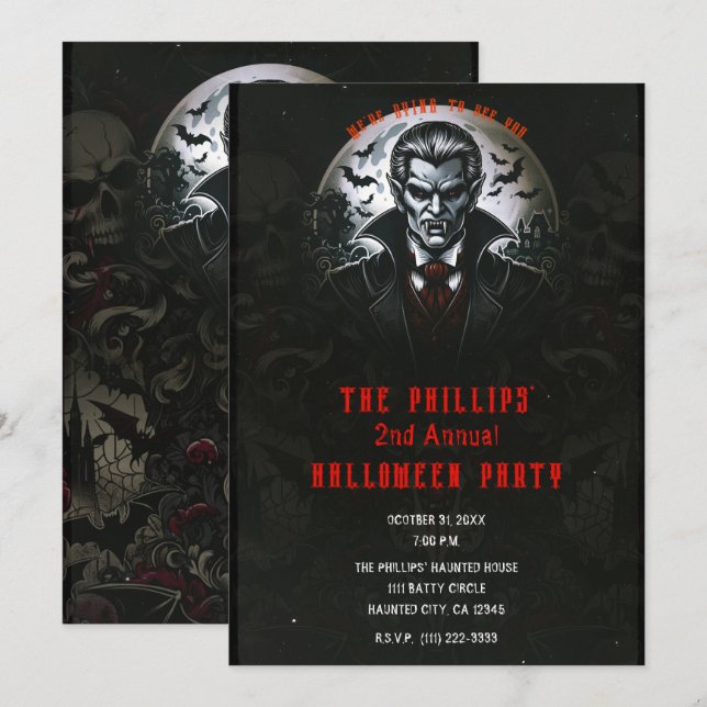 Invitation Soirée Halloween crânes de vampire et gothiques (Devant / Derrière)