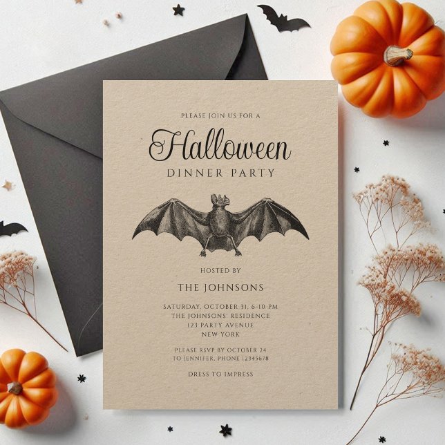 Invitation Soirée Halloween de dîner de chauve-souris gothiqu (Vintage Black Gothic Bat Dinner Party Halloween Invitation)