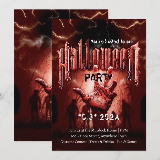 Invitation Soirée Halloween Effrayante Zombies Rouges (Devant / Derrière)