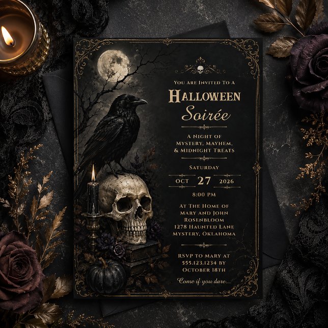 Invitation Soirée Halloween Élégant Gothique Crâne de Corbeau (Créateur téléchargé)