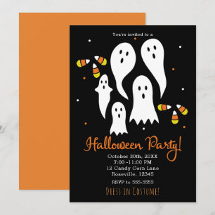 Invitation Soirée Halloween Fantômes & Maïs en Sucrerie Noir 