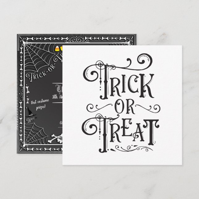 Invitation Soirée Halloween Friandise ou Farce Os Noir Blanc (Devant / Derrière)