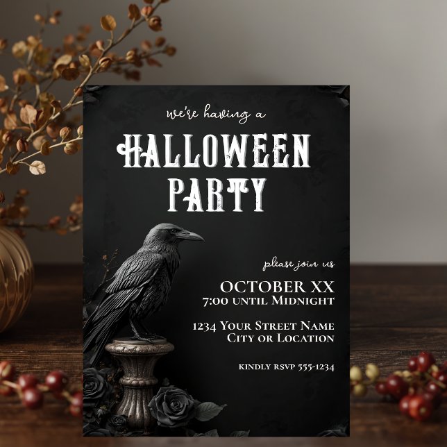 Invitation Soirée Halloween gothique Raven & Black Rose (Créateur téléchargé)