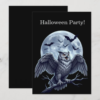 Invitation Soirée Halloween Lune Grise Hibou et Chauves-souri