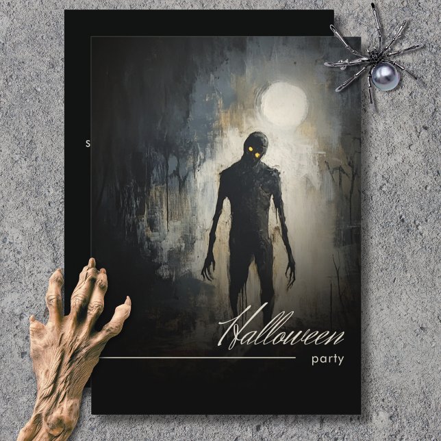 Invitation Soirée Halloween Lune Zombie Noir & Blanc (Dark Zombie Moon Black & White Halloween Party Invitation)