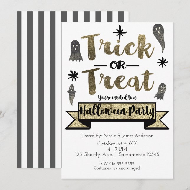 Invitation Soirée Halloween Moderne Chic Fantôme Trick or Tre (Devant / Derrière)