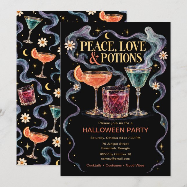 Invitation Soirée Halloween Peace Love & Potions (Devant / Derrière)