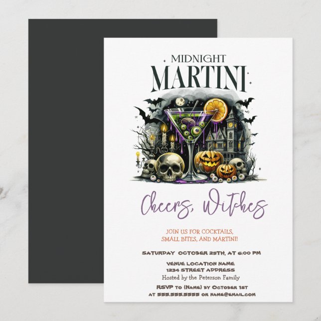 Invitation Soirée Halloween Pumpkin Skelet Martini (Devant / Derrière)