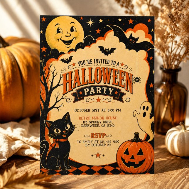 Invitation Soirée Halloween Rétro Élégant Orange Noir (Créateur téléchargé)