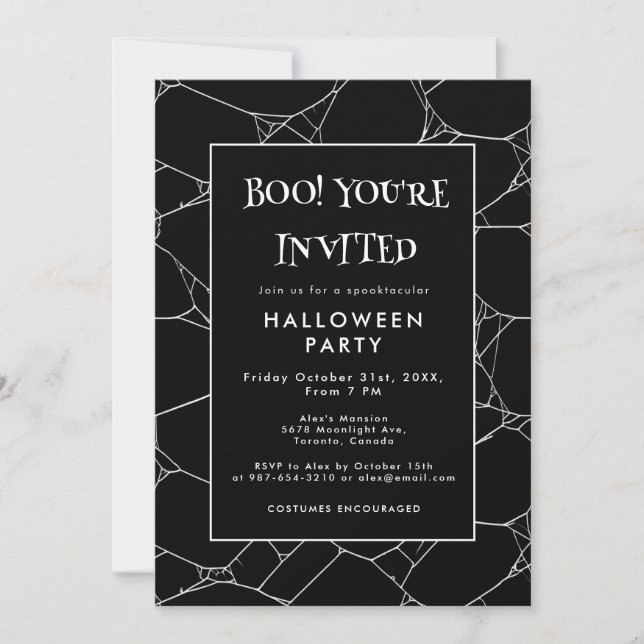 Invitation Soirée Halloween Toile d'Araignée Effrayante Noir  (Devant)