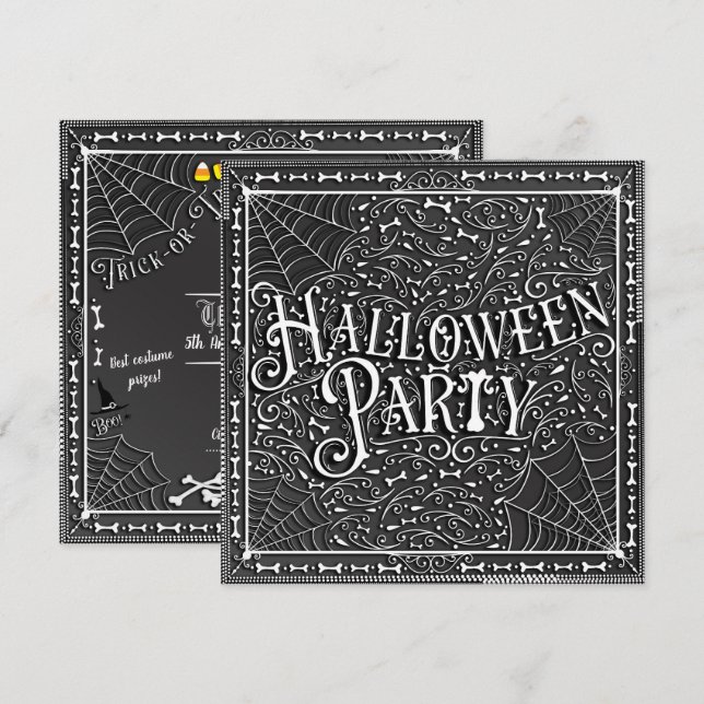 Invitation Soirée Halloween Toiles d'araignées & Os Noir Blan (Devant / Derrière)