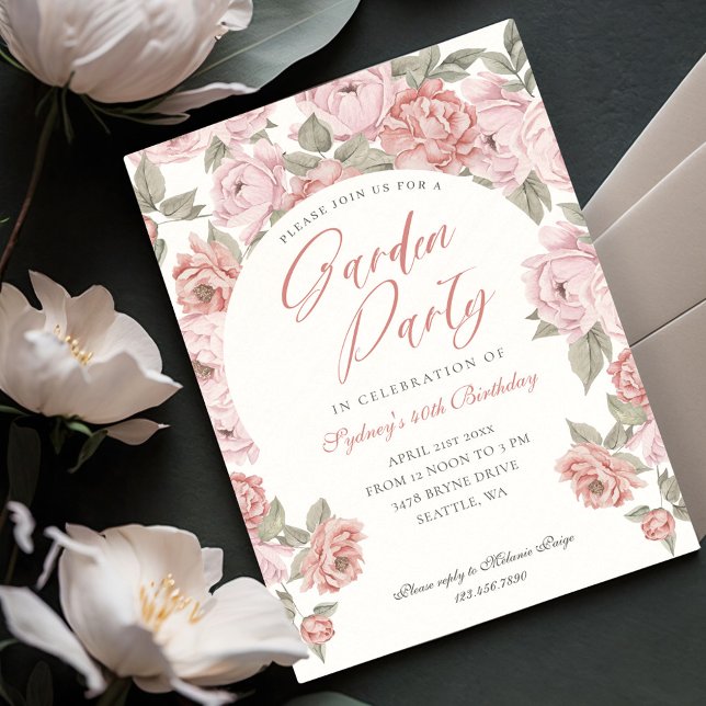 Invitation Soirée Jardin Pink Peony Florals Anniversaire (Elegant Garden Party Pink Peony Florals Birthday Invitation)