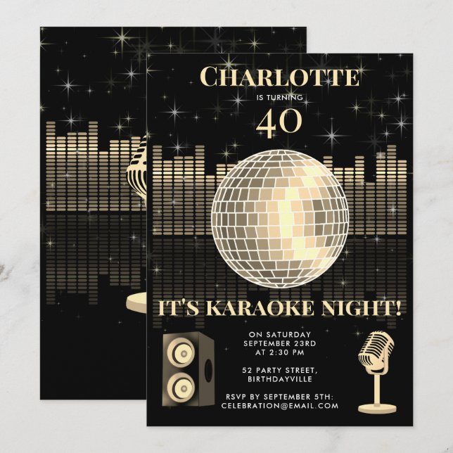 Invitation Soirée Karaoké Black Gold 40e Anniversaire Disco (Devant / Derrière)