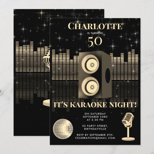 Invitation Soirée Karaoké Black Gold 50ème Anniversaire Disco (Devant / Derrière)