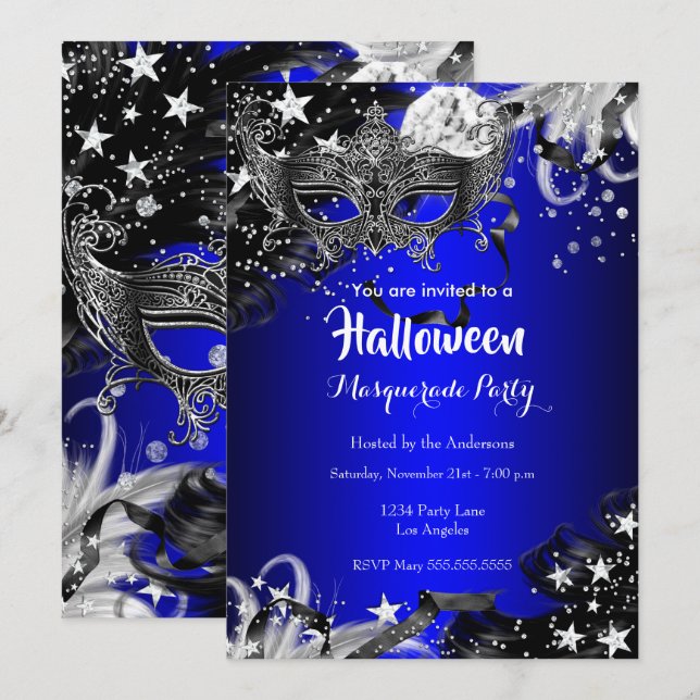 Invitation Soirée magique de Halloween bleue déguisée (Devant / Derrière)
