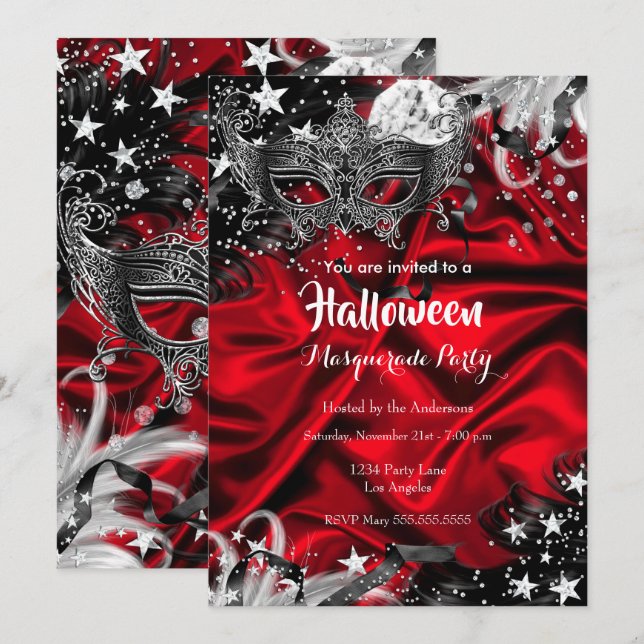 Invitation Soirée Magique de Mascarade d'Halloween Rouge (Devant / Derrière)