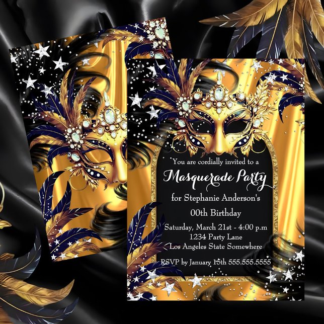 Invitation Soirée Magique Masquée Or Noir Argent (Créateur téléchargé)