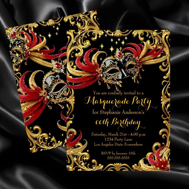 Invitation Soirée Magique Masquée Rouge Noir Or (Créateur téléchargé)