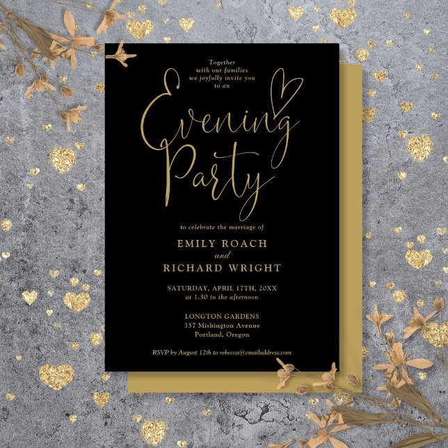 Invitation Soirée Mariage Black And Gold Heart Script (Black And Gold Heart Script Wedding Evening Party Invitation)
