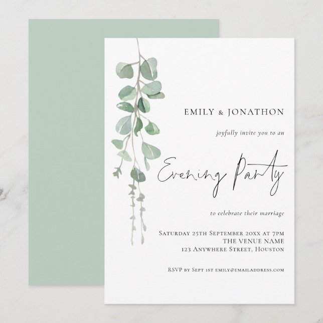 Invitation Soirée Mariage Eucalyptus moderne (Devant / Derrière)