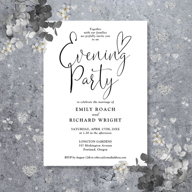 Invitation Soirée Mariage Noir Et Blanc (Black And White Script Wedding Evening Party Invitation)